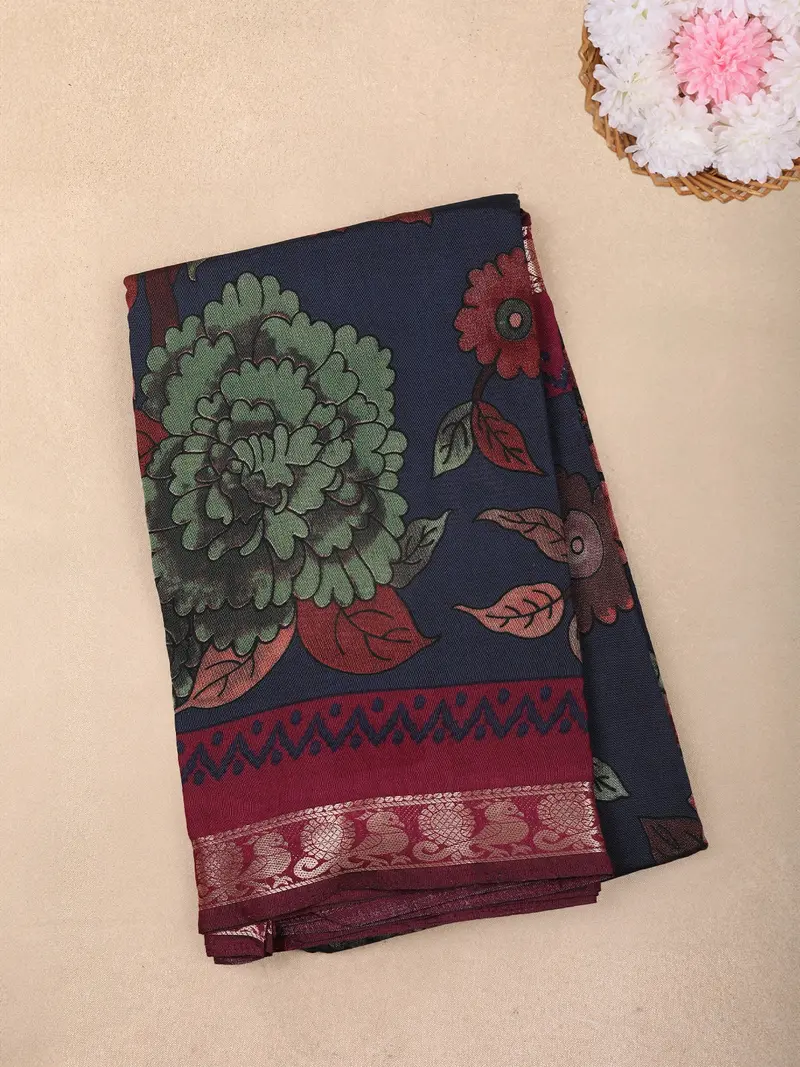 Navy Blue Floral Printed Chanderi Cotton Saree With Maroon Zari Border 1