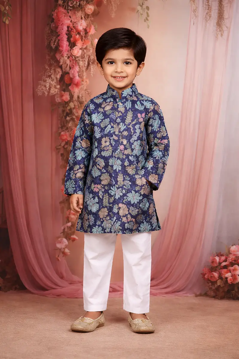 Navy Blue Floral Printed Cotton Kids Kurta Set 1
