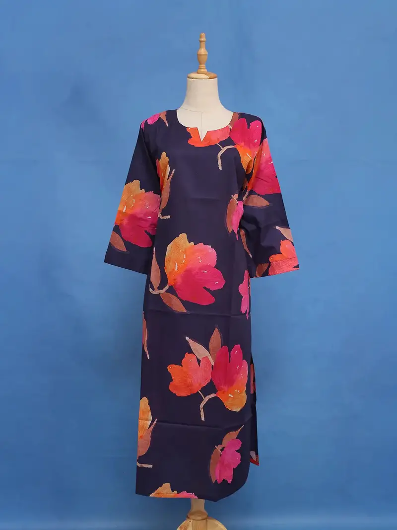 Navy Blue Floral Printed Cotton Kurti 1