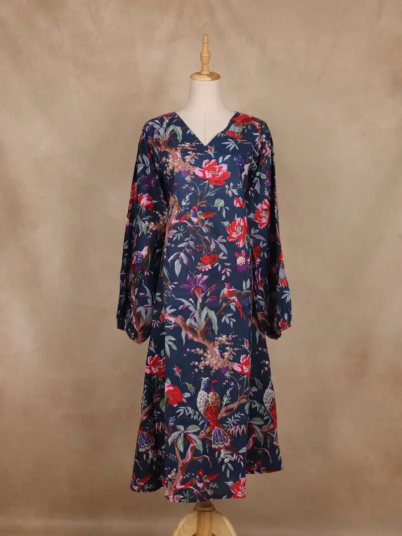 Navy Blue Floral Printed Cotton Kurti 1