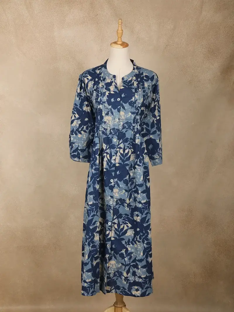 Navy Blue Floral Printed Cotton Kurti Top 1