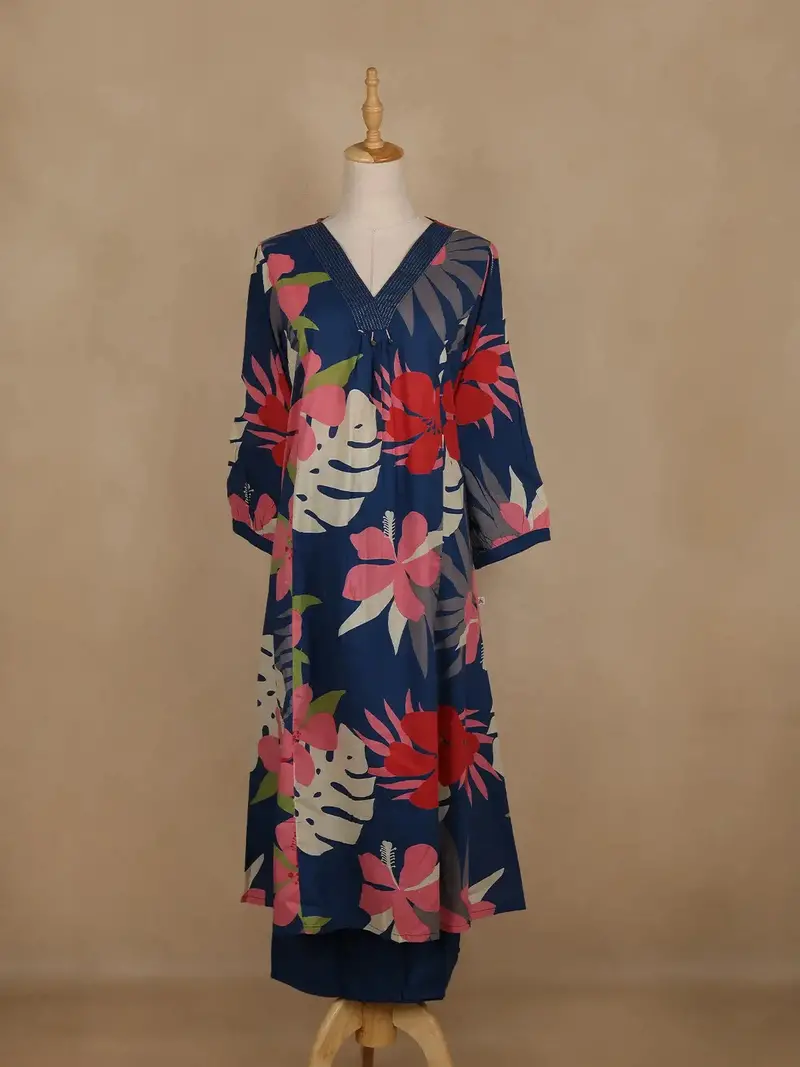 Navy Blue Floral Printed Cotton Palazzo Suit 1
