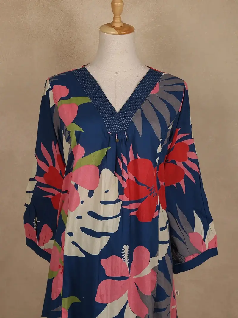 Navy Blue Floral Printed Cotton Palazzo Suit 2