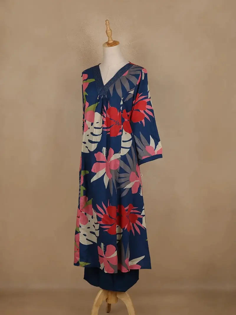 Navy Blue Floral Printed Cotton Palazzo Suit 3