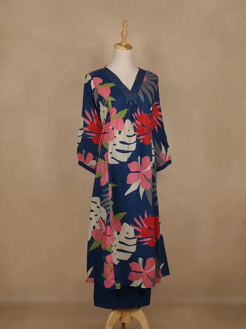 Navy Blue Floral Printed Cotton Palazzo Suit 4