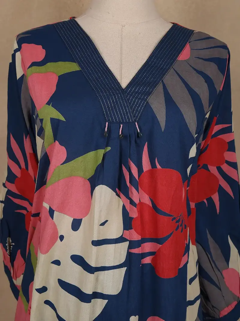 Navy Blue Floral Printed Cotton Palazzo Suit 5