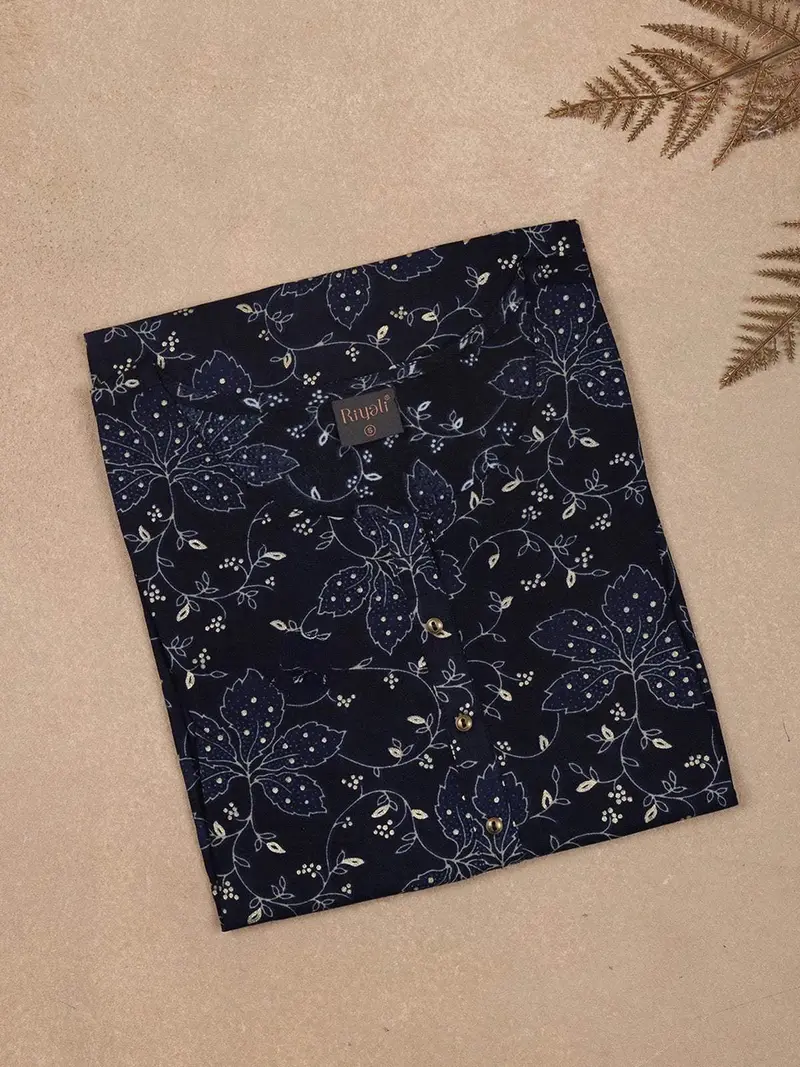 Navy Blue Floral Printed Cotton Rayon Kurti 1