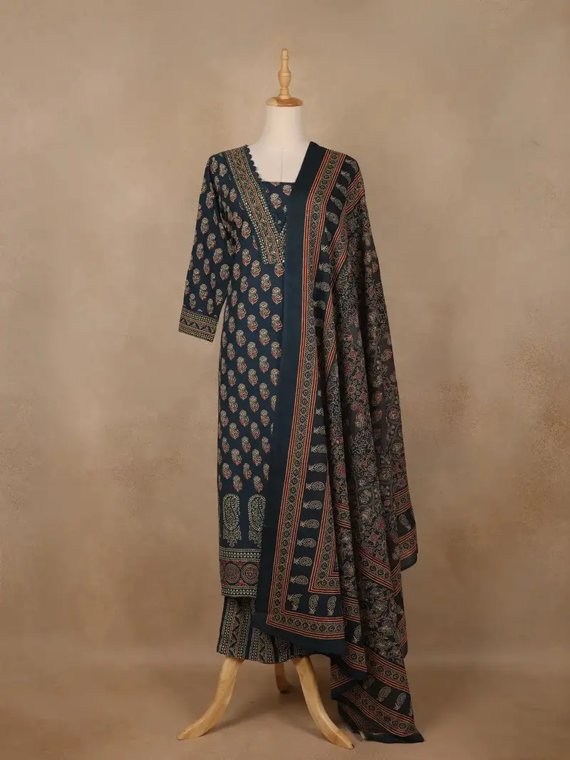 Navy Blue Floral Printed Cotton Salwar Suit 1