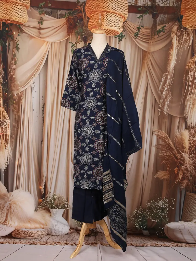 Navy Blue Floral Printed Cotton Salwar Suit 1