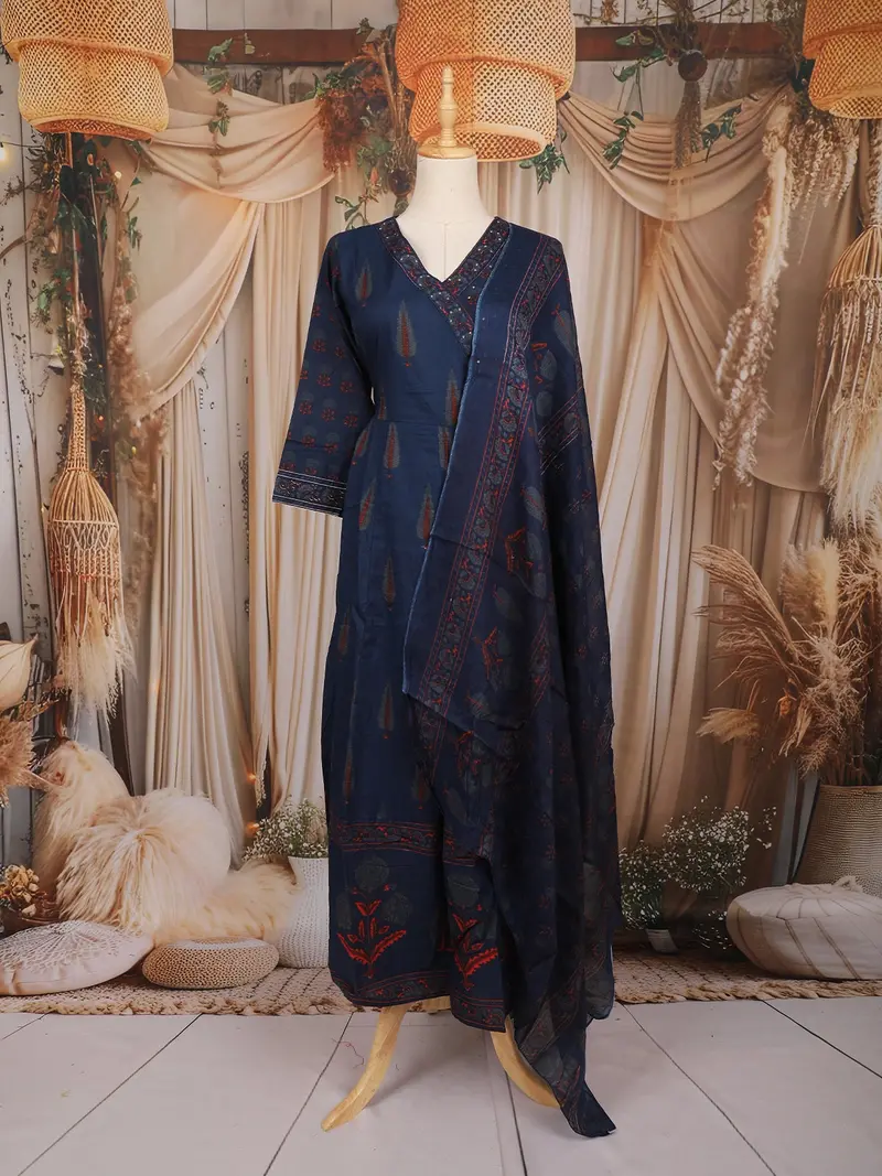 Navy Blue Floral Printed Cotton Salwar Suit With Dupatta 1