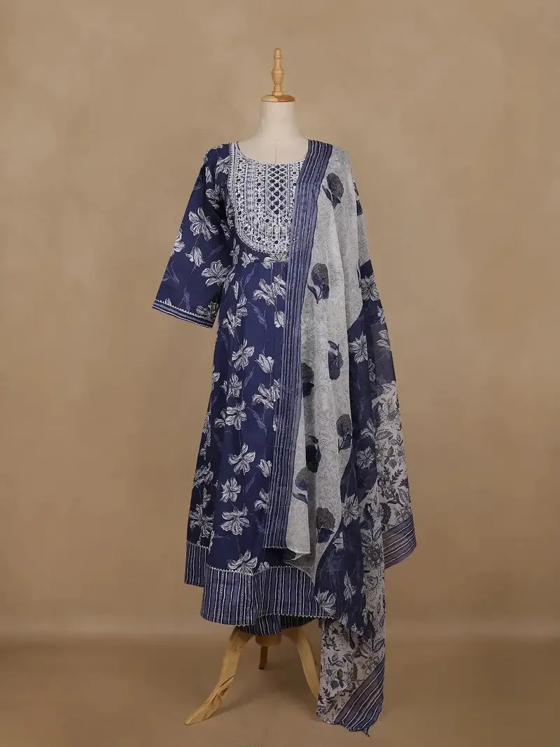 Navy Blue Floral Printed Cotton Salwar Suit With Dupatta 1