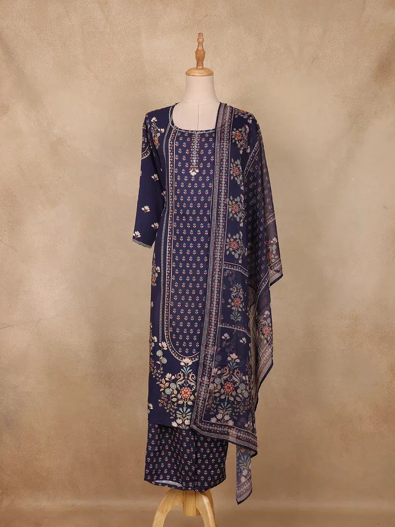 Navy Blue Floral Printed Cotton Salwar Suit With Dupatta 1