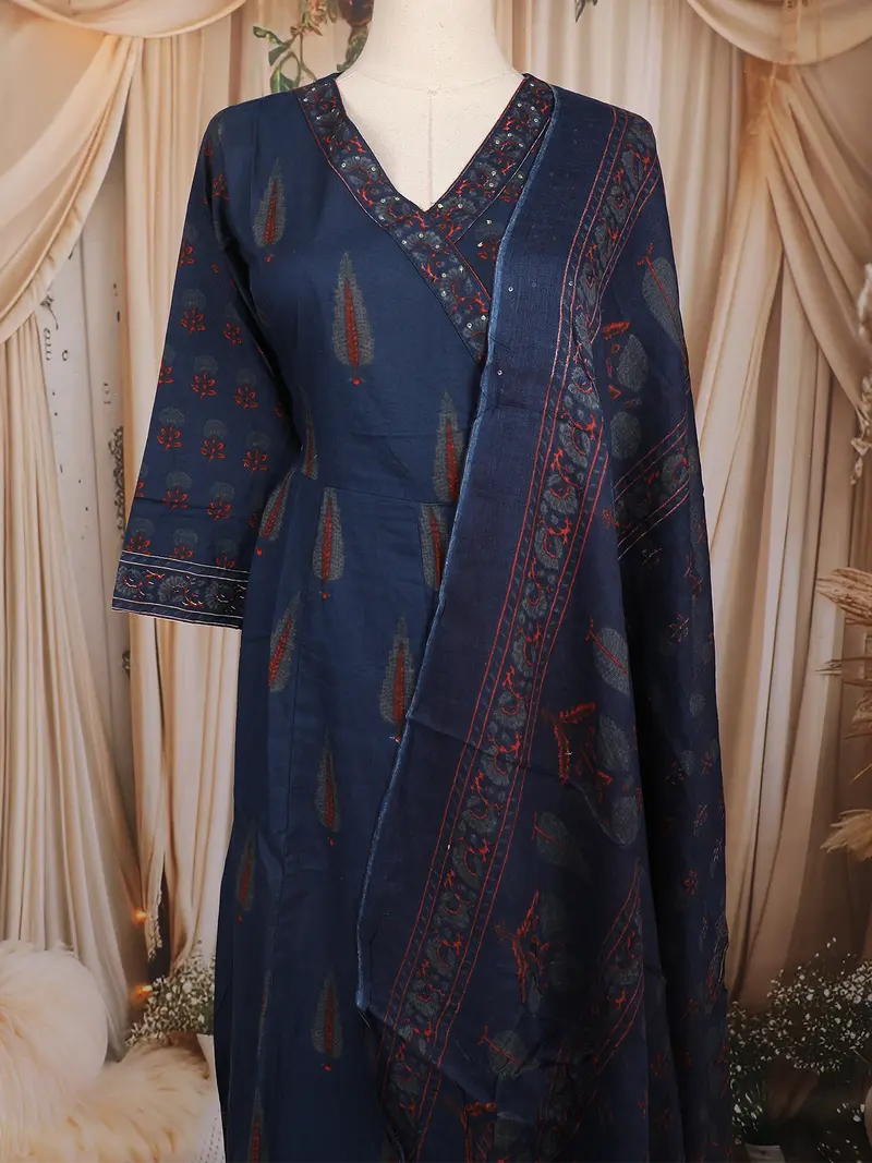 Navy Blue Floral Printed Cotton Salwar Suit With Dupatta 2