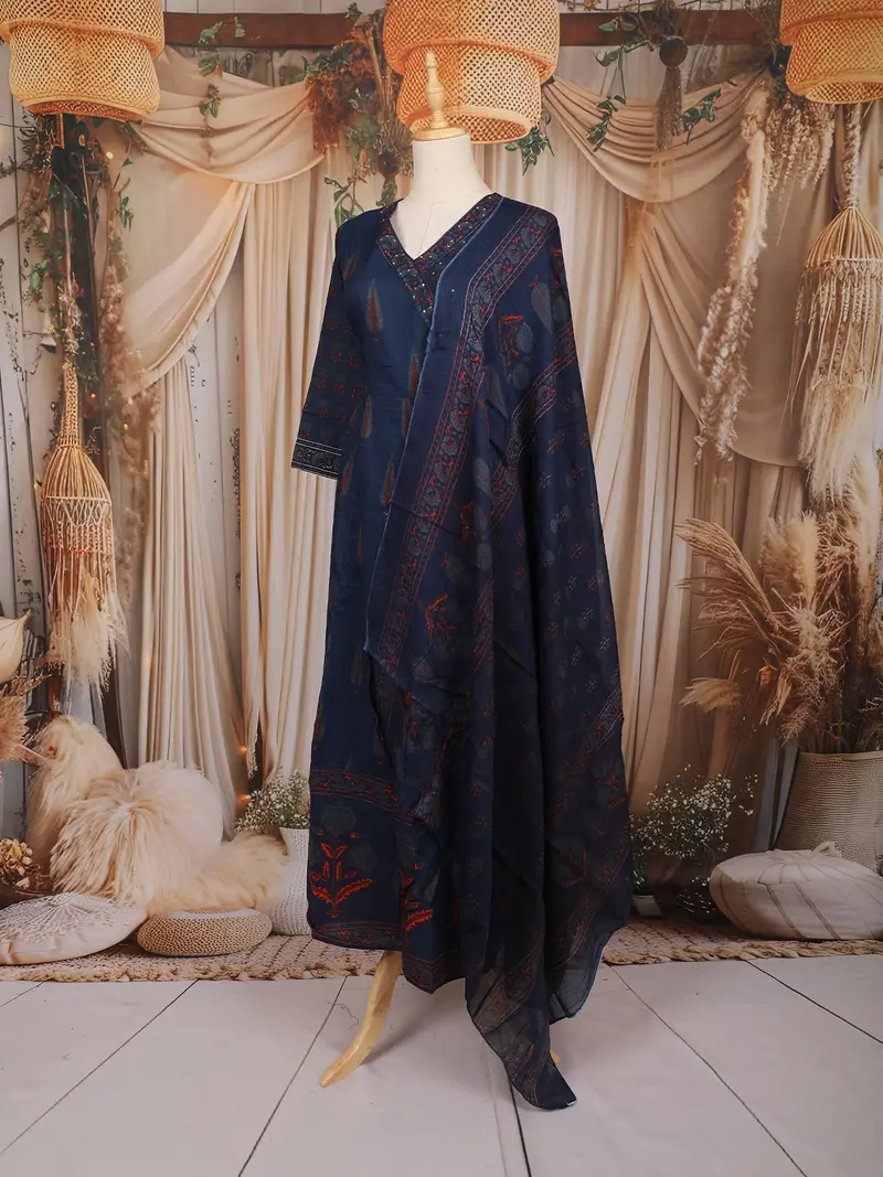 Navy Blue Floral Printed Cotton Salwar Suit With Dupatta 3