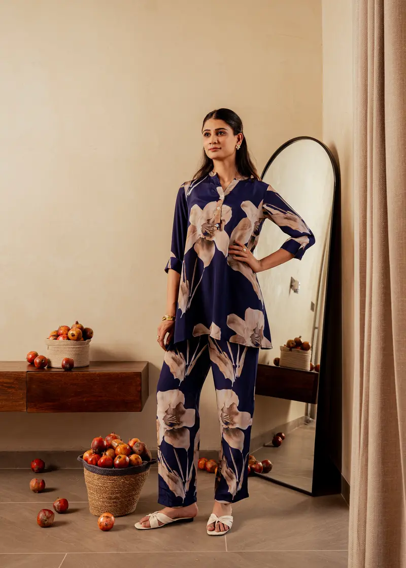 Navy Blue Floral Printed Crepe Co Ord Set 1