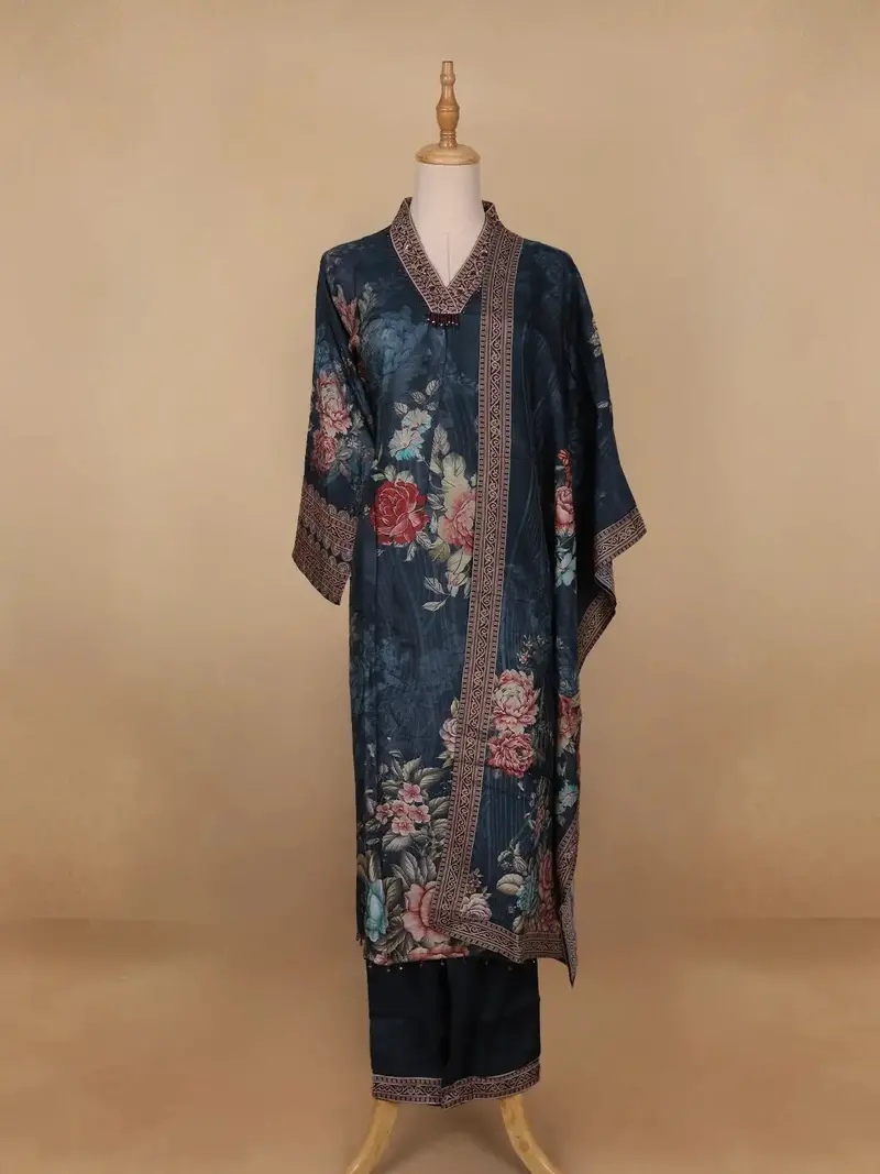 Navy Blue Floral Printed Crepe Salwar Suit 1