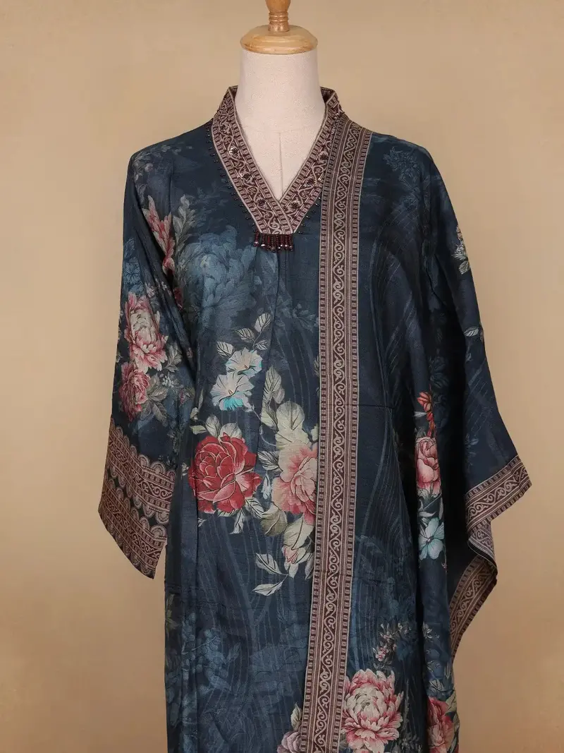 Navy Blue Floral Printed Crepe Salwar Suit 2