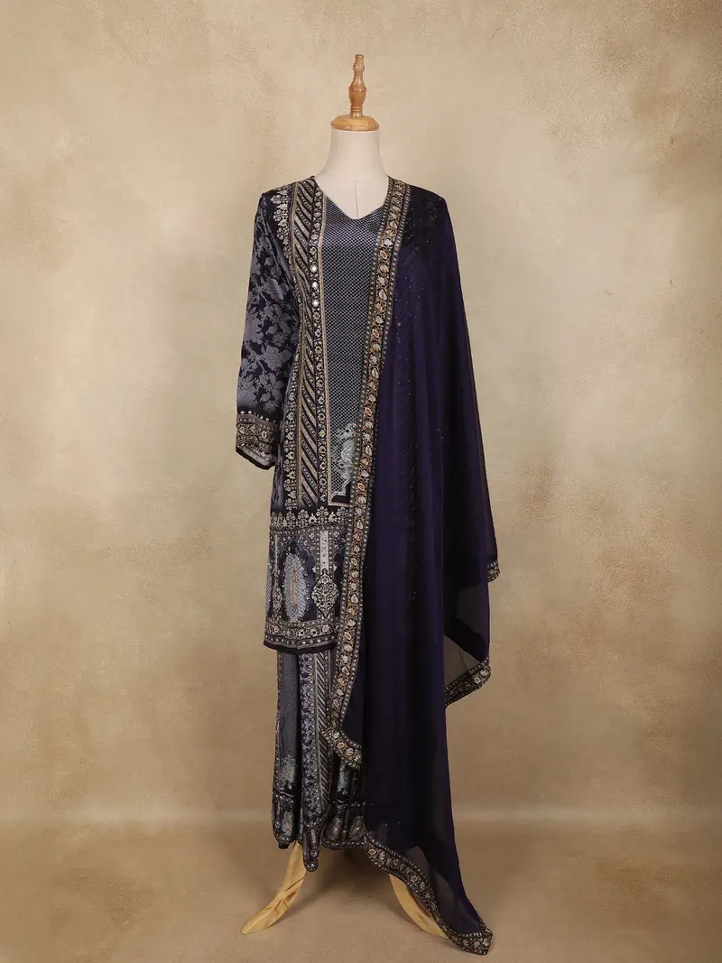 Navy Blue Floral Printed Crepe Salwar Suit With Dupatta 1