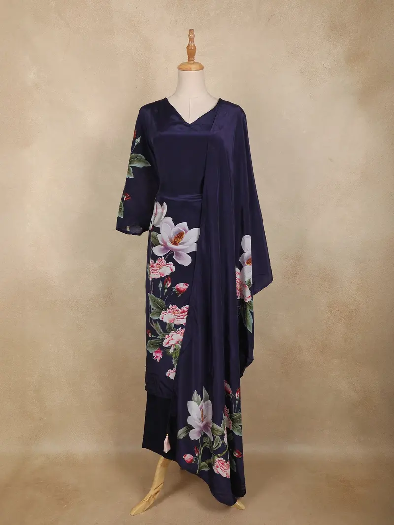 Navy Blue Floral Printed Crepe Silk Salwar Suit With Dupatta 1