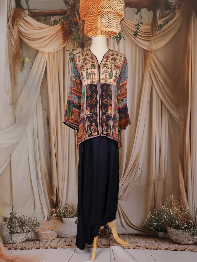 Navy Blue Floral Printed Crepe Silk Skirt Top 1