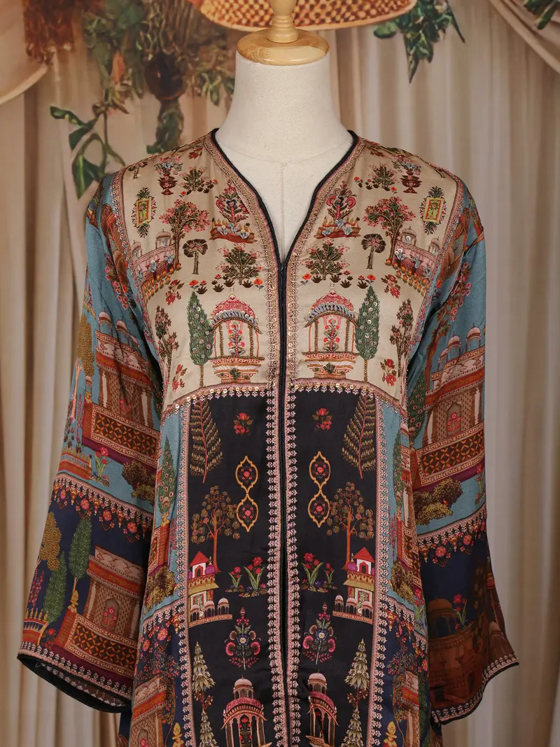Navy Blue Floral Printed Crepe Silk Skirt Top 2