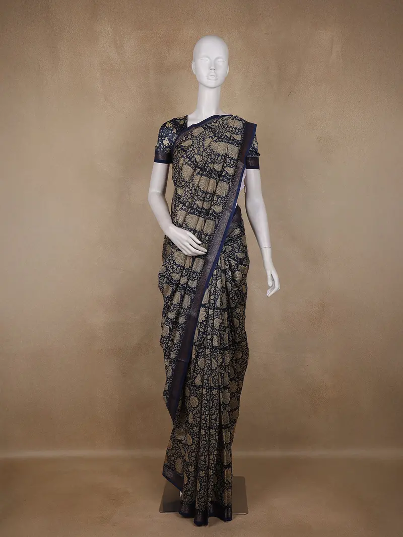 Navy Blue Floral Printed Design Chanderi Cotton Saree With Contrast Zari Border 1