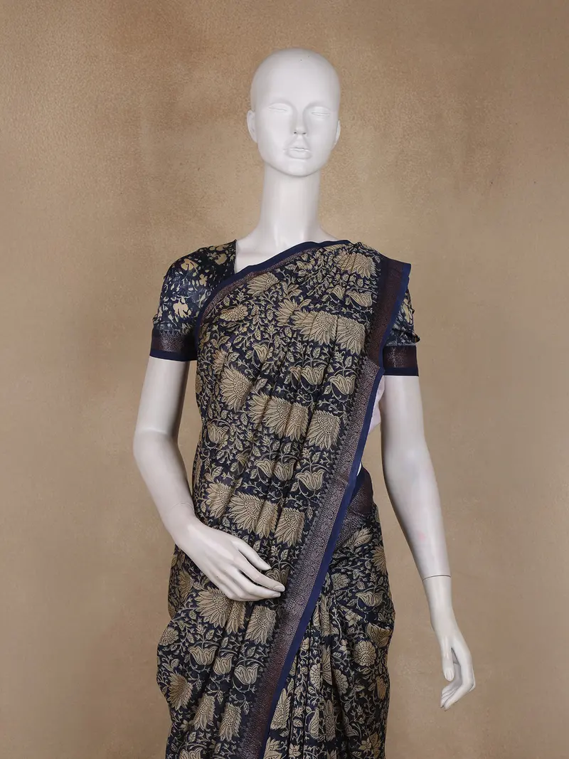 Navy Blue Floral Printed Design Chanderi Cotton Saree With Contrast Zari Border 2