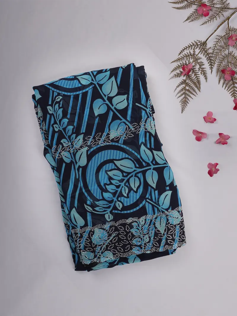 Navy Blue Floral Printed Design Chiffon Saree With Stone Embellished Border 1