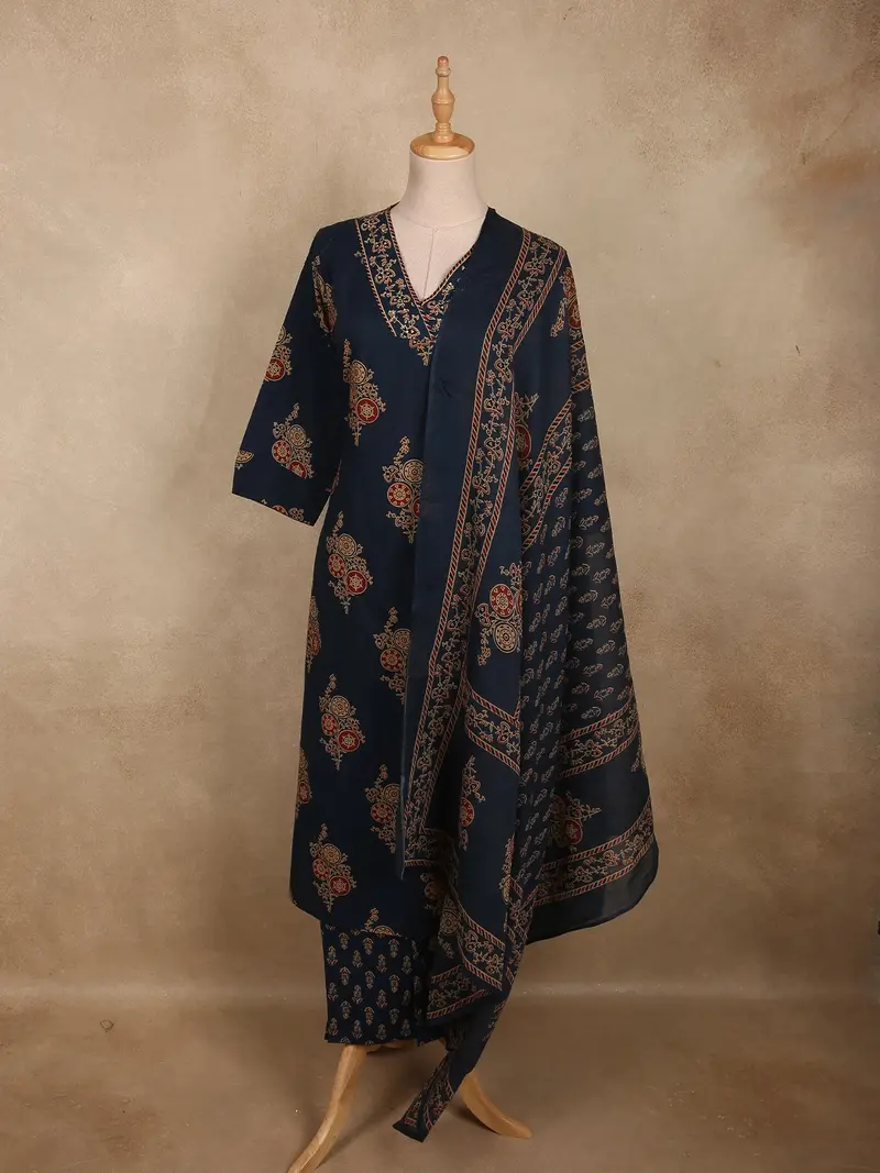 Navy Blue Floral Printed Design Cotton Salwar Suit With Dupatta 1