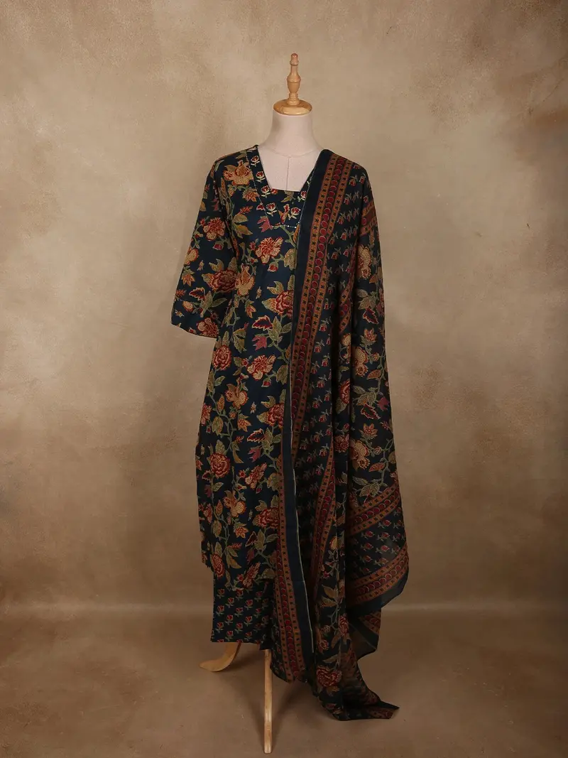 Navy Blue Floral Printed Design Cotton Salwar Suit With Dupatta 1