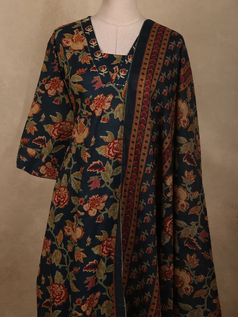 Navy Blue Floral Printed Design Cotton Salwar Suit With Dupatta 2