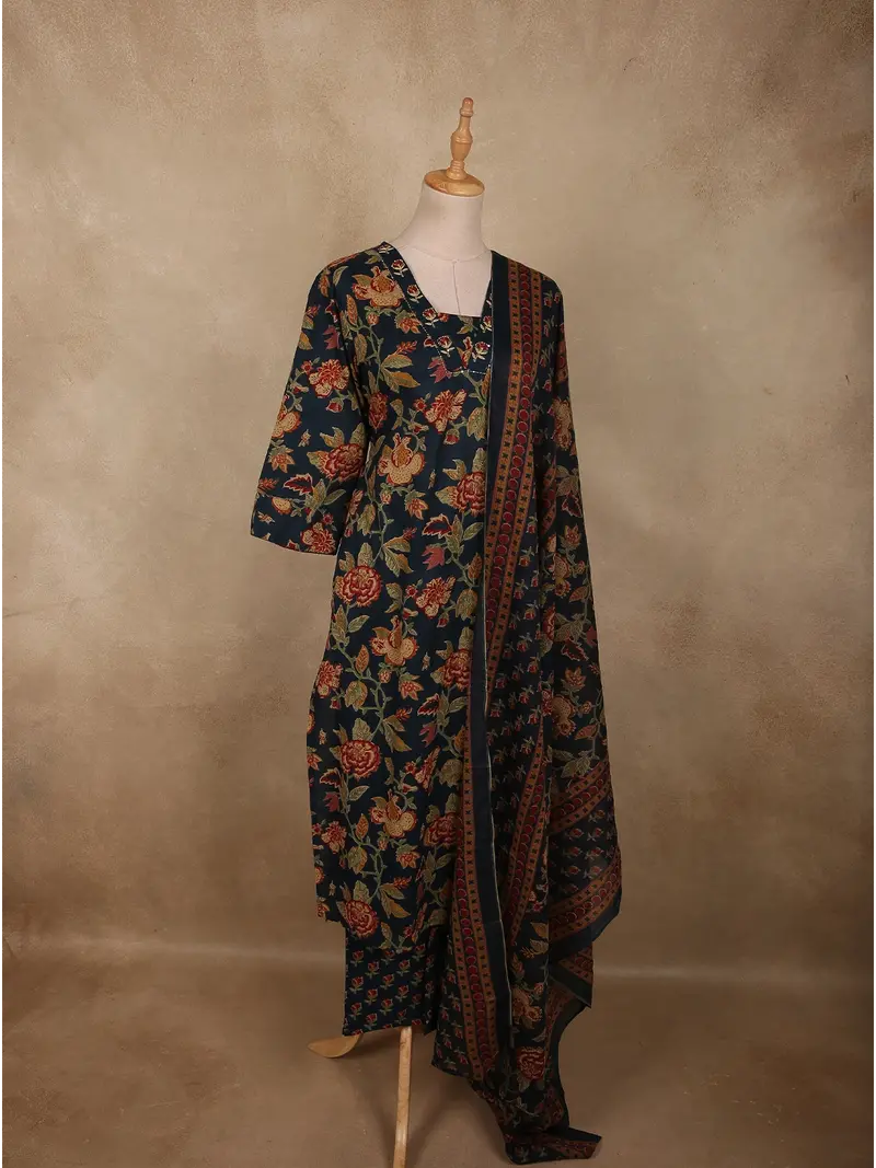 Navy Blue Floral Printed Design Cotton Salwar Suit With Dupatta 3