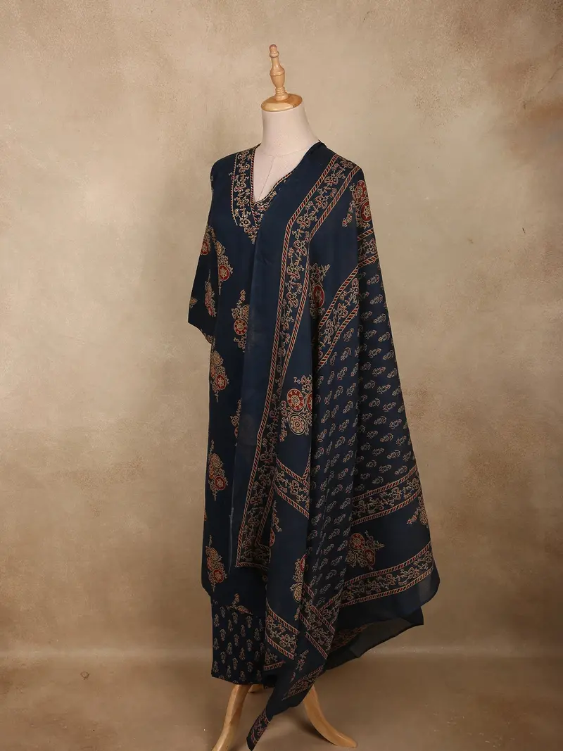 Navy Blue Floral Printed Design Cotton Salwar Suit With Dupatta 4