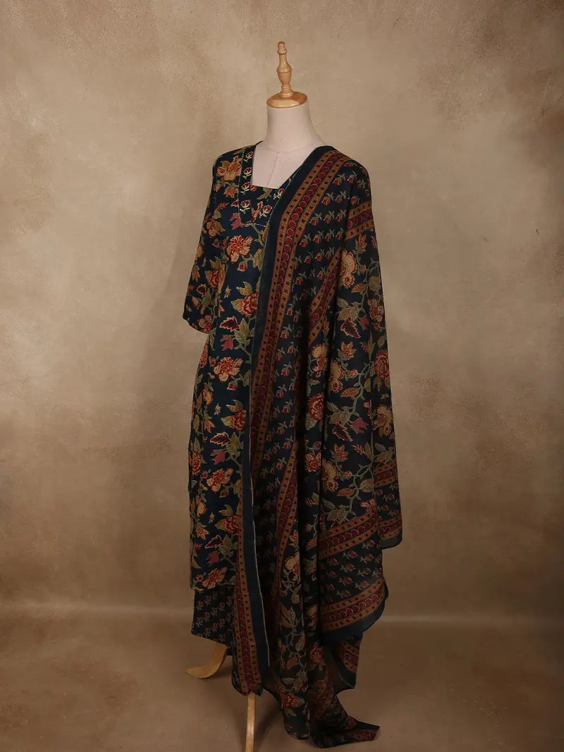 Navy Blue Floral Printed Design Cotton Salwar Suit With Dupatta 4