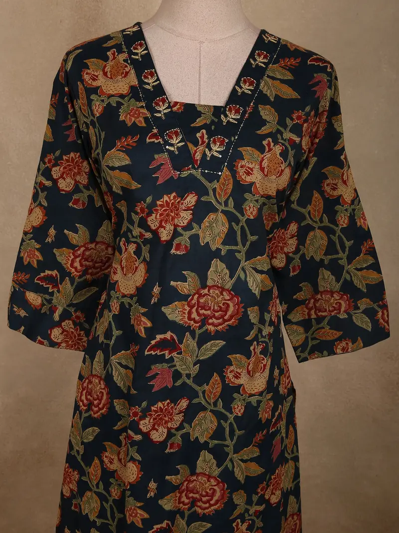Navy Blue Floral Printed Design Cotton Salwar Suit With Dupatta 5