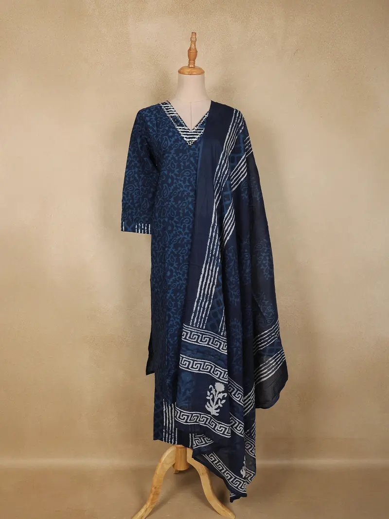 Navy Blue Floral Printed Design Cotton Straight Cut Salwar Suit With Dupatta 1