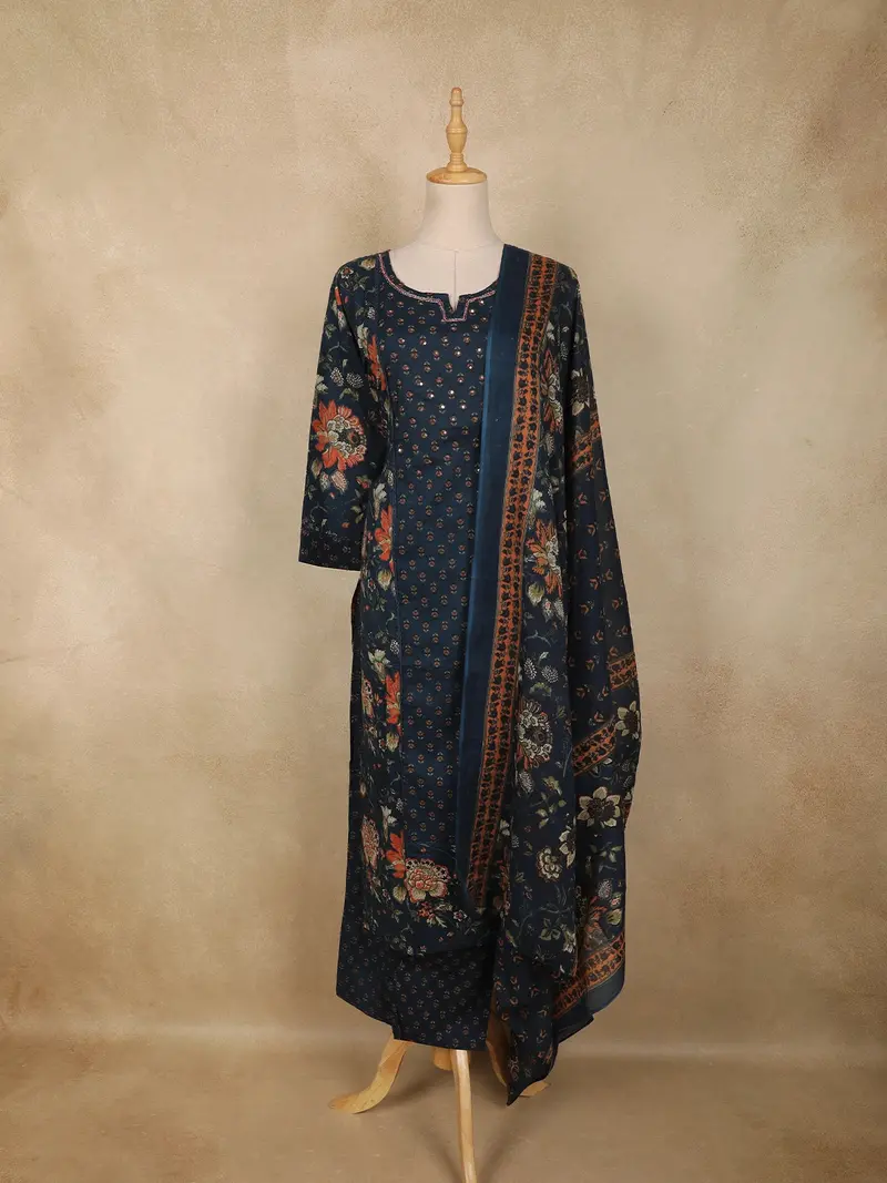Navy Blue Floral Printed Design Cotton Straight Cut Salwar Suit With Dupatta 1