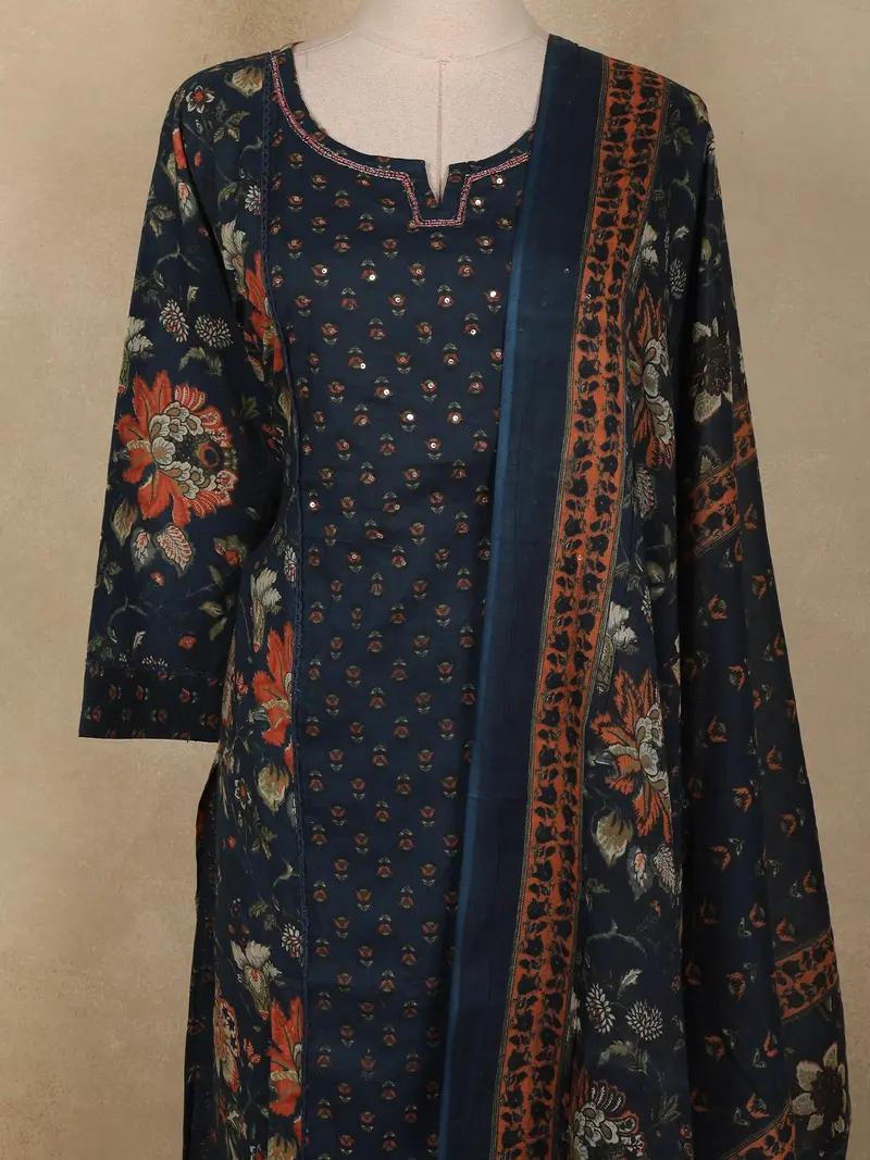 Navy Blue Floral Printed Design Cotton Straight Cut Salwar Suit With Dupatta 2
