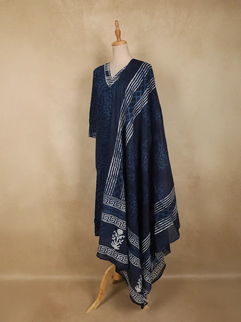 Navy Blue Floral Printed Design Cotton Straight Cut Salwar Suit With Dupatta 3