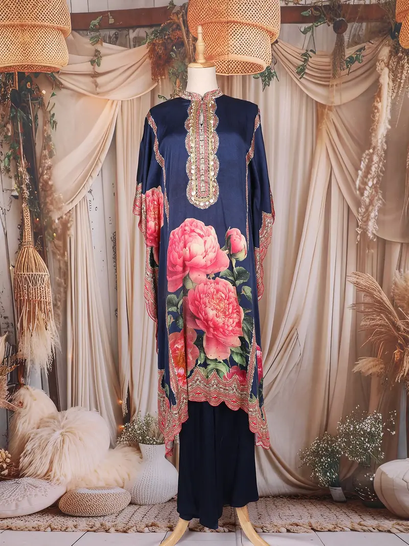 Navy Blue Floral Printed Design Crepe Kaftan Set With Bead Embellished Neckline 1