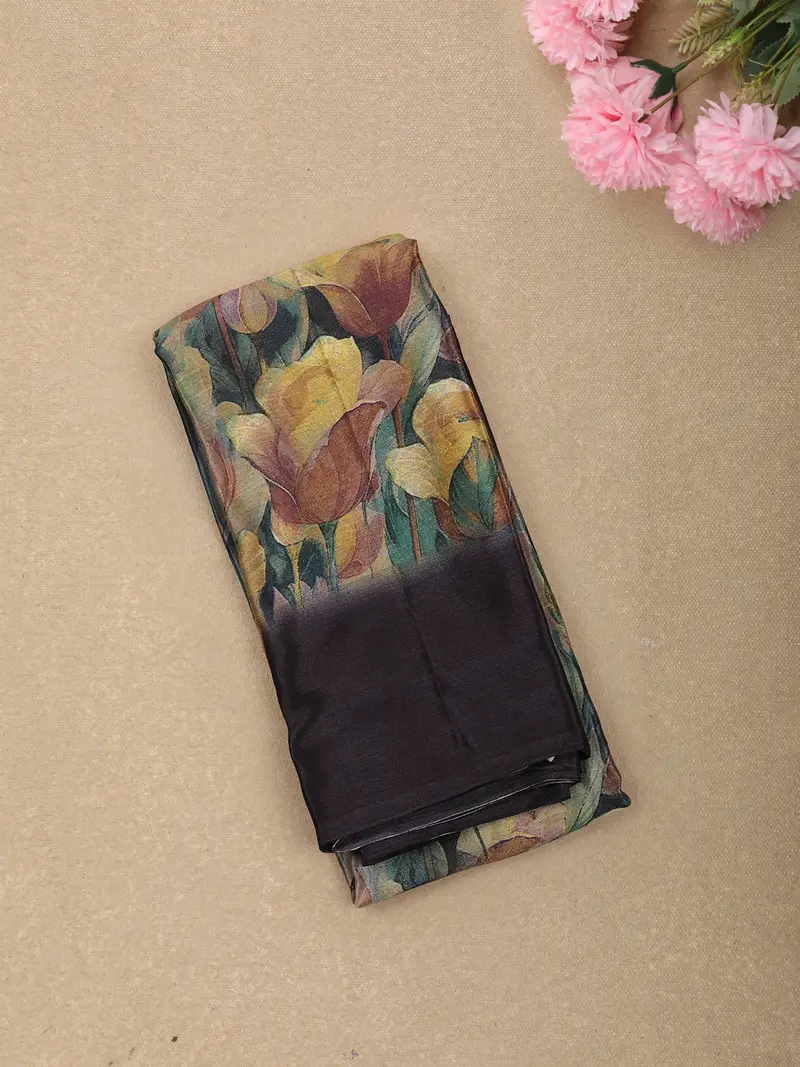 Navy Blue Floral Printed Design Crepe Silk Casual Wear Saree 1