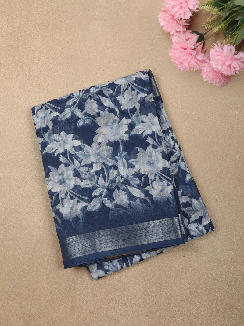 Navy Blue Floral Printed Design Linen Cotton Casual Wear Saree 1