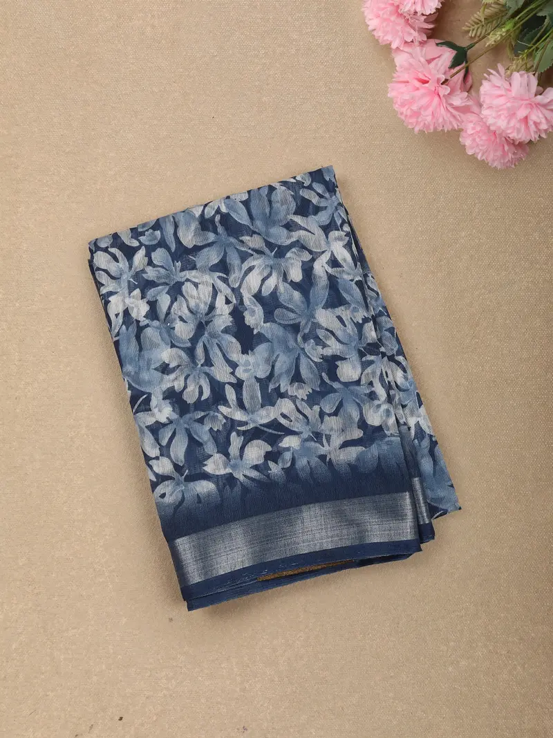 Navy Blue Floral Printed Design Linen Cotton Casual Wear Saree With Zari Border 1