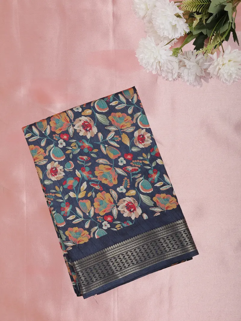 Navy Blue Floral Printed Design Mixed Silk Cotton Saree With Designer Border 1