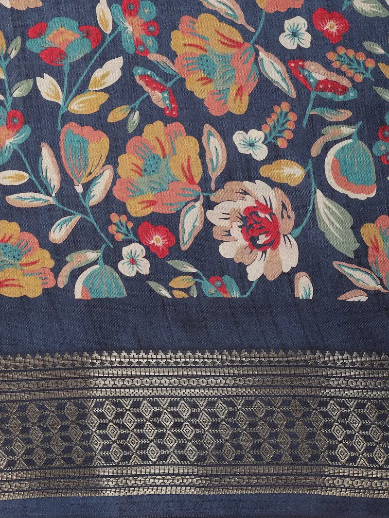 Navy Blue Floral Printed Design Mixed Silk Cotton Saree With Designer Border 2
