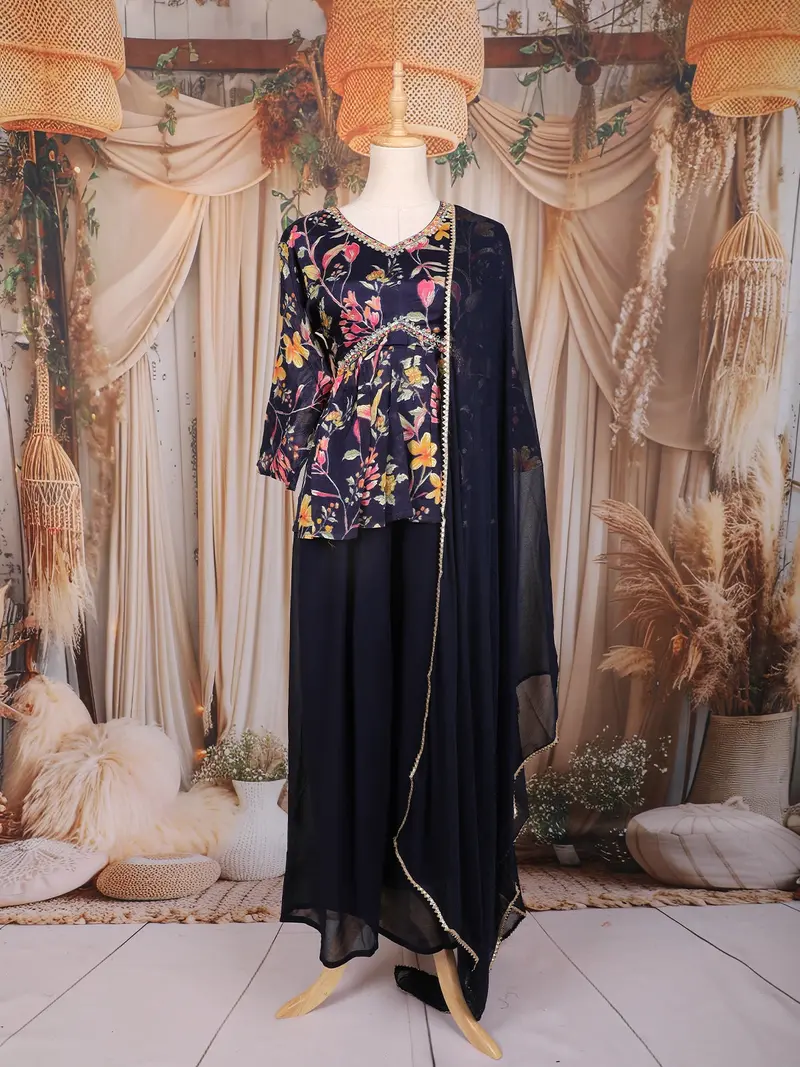 Navy Blue Floral Printed Design Peplum Palazzo Suit With Dupatta 1