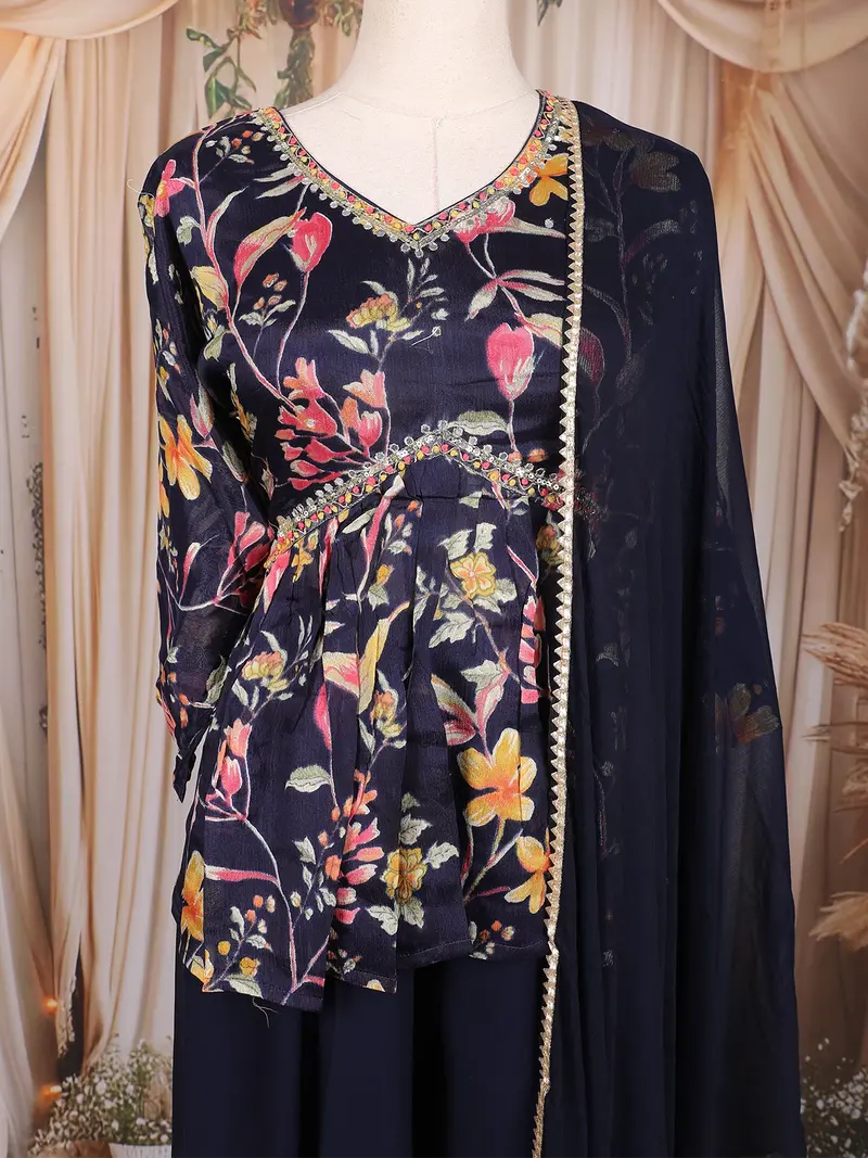 Navy Blue Floral Printed Design Peplum Palazzo Suit With Dupatta 2