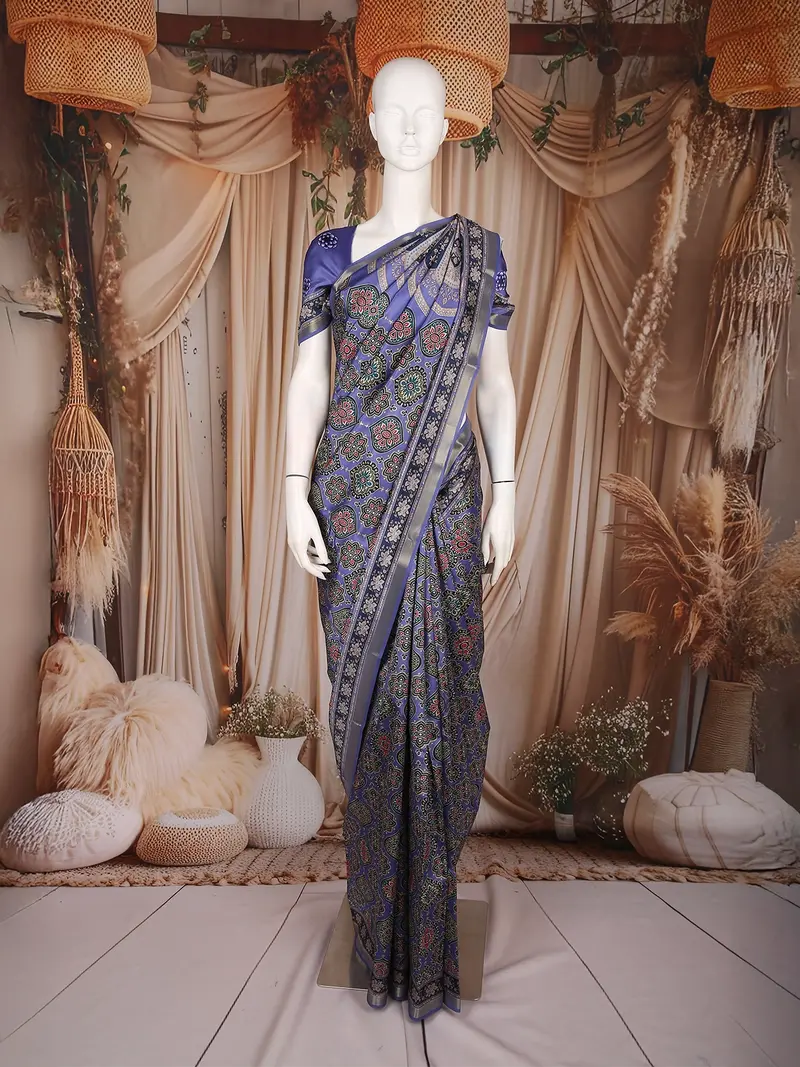 Navy Blue Floral Printed Design Semi Silk Saree 1