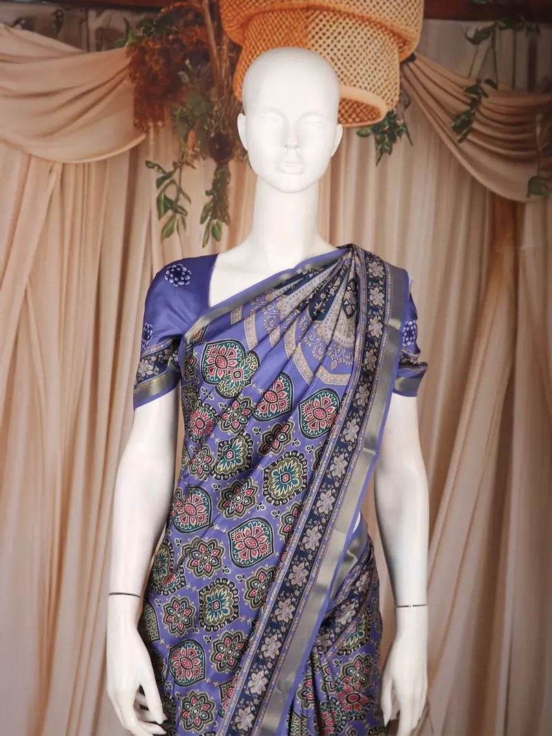 Navy Blue Floral Printed Design Semi Silk Saree 2