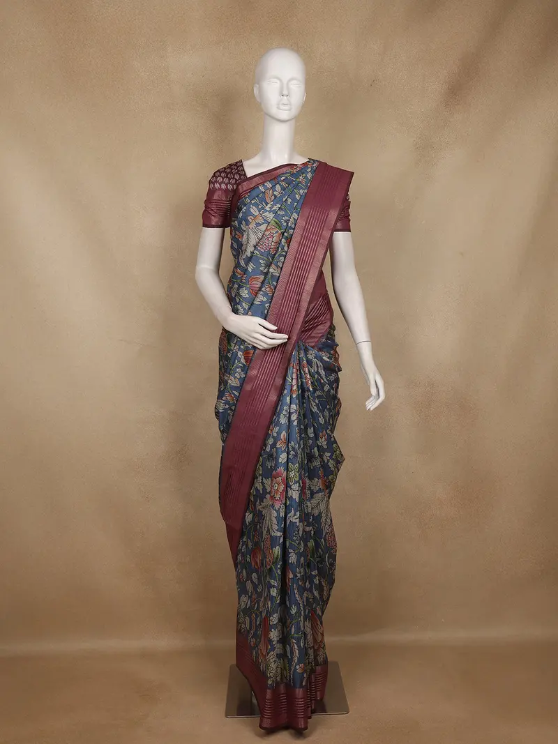 Navy Blue Floral Printed Design Semi Tussar Saree With Maroon Border 1
